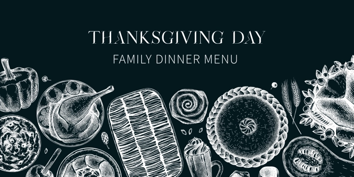 Thanksgiving background on chalkboard. Food and drinks trendy frame design. Sketched roasted turkey, vegetables, baked goods, and desserts sketches. Vintage autumn food template. Thanksgiving dinner